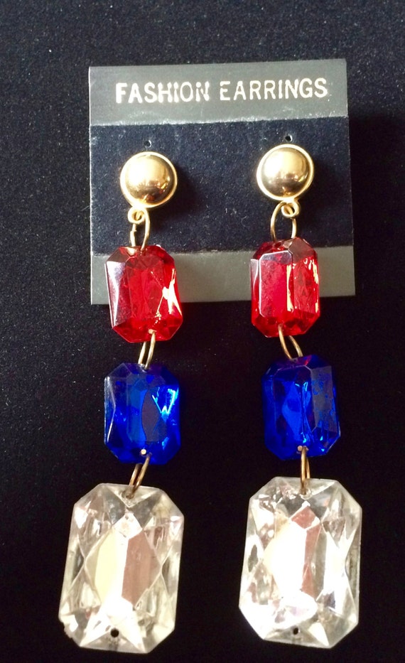 Vintage Bejeweled Plastic Earrings Patriotic Red, 