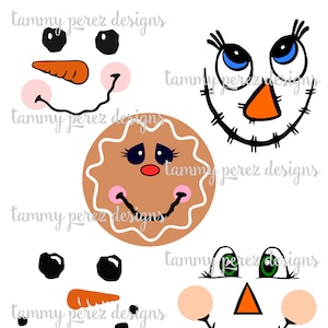 May include: Five different face cutouts for crafts. The faces include a gingerbread person, a snowman, a scarecrow, and two different snowmen. The faces are all in black, white, orange, and brown.