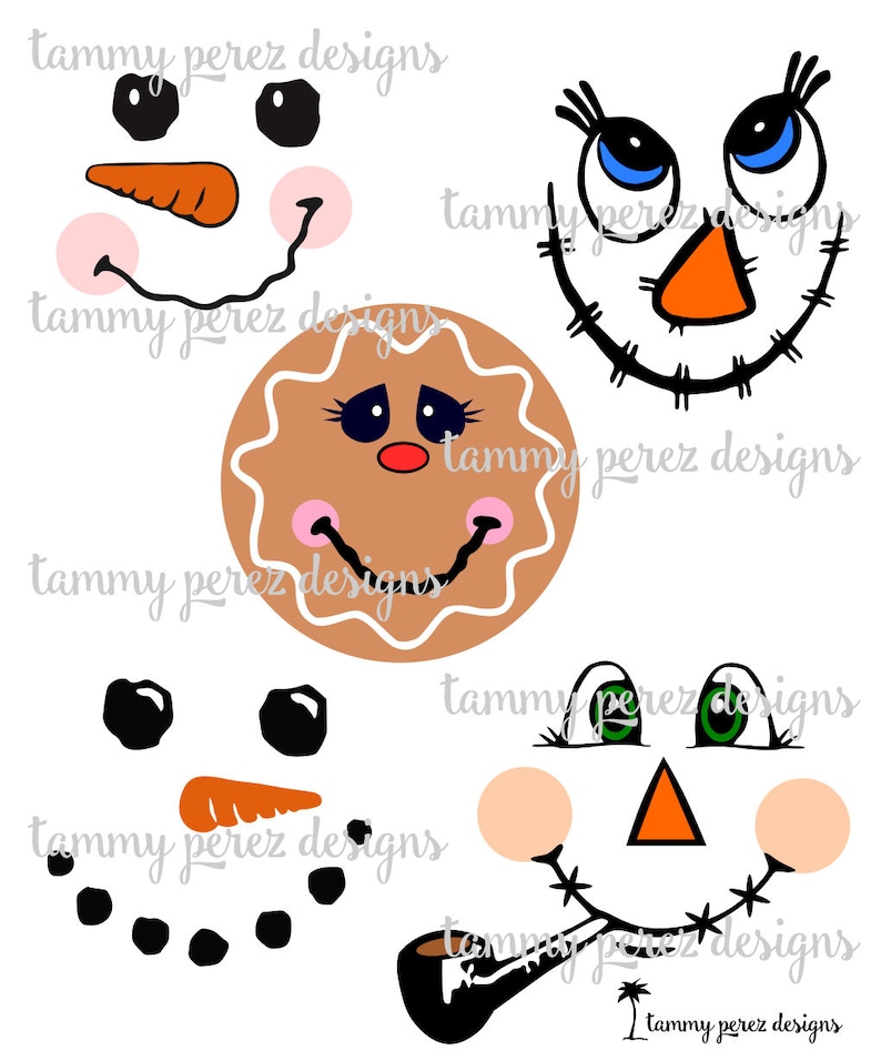 May include: Five different face cutouts for crafts. The faces include a gingerbread person, a snowman, a scarecrow, and two different snowmen. The faces are all in black, white, orange, and brown.