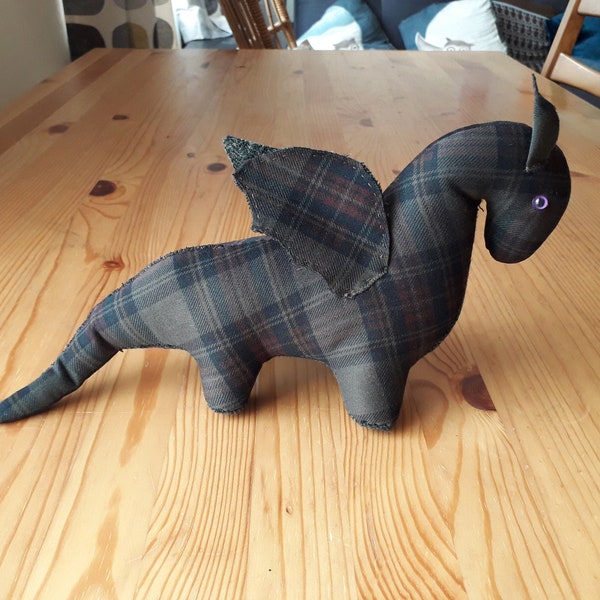 Green tartan dragon plush, completely unique and hand sewn from recycled fabric