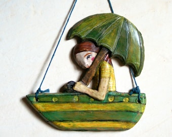 Day at the lake - artistic terracotta sculpture - terracotta figurines - statuettes - handmade terracotta - sculpture - girl on a boat - gift