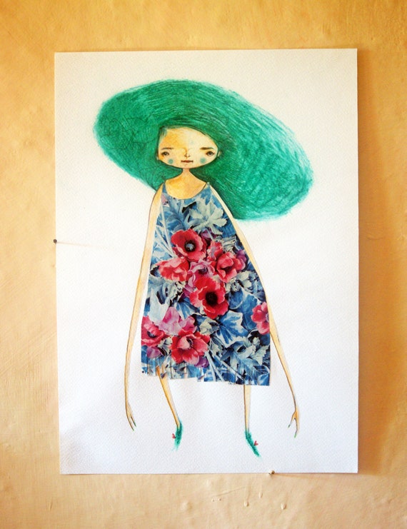 Primavera en chica de dibujo original con vestido de flores - Etsy España Primavera en chica de dibujo original con vestido de flores - Etsy España