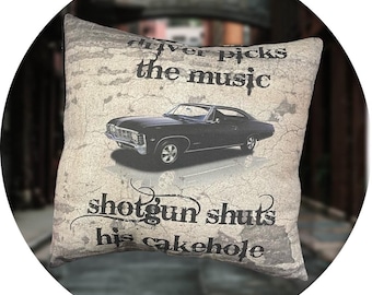 Supernatural pillow with black pipping and soft minky
