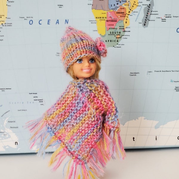 New hand made (hand knitted) poncho and hat for Barbie Chelsea doll (5 1/2")