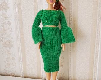 New handmade (hand knitted) outfit (midi skirt and top) for curvy Barbie doll (12")
