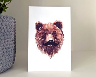 Ours avec moustache Card Print / 6x4"/ Funky Postcard / Art Card / Carte postale / Cadeaux de Noël / Wall Art