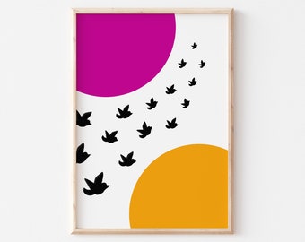 Abstract Moons & Birds Wall Art Print / 5x7" or A4 / Bold Colourful Print / Poster / Nature Print / Colourful wall art / Colourful bedroom
