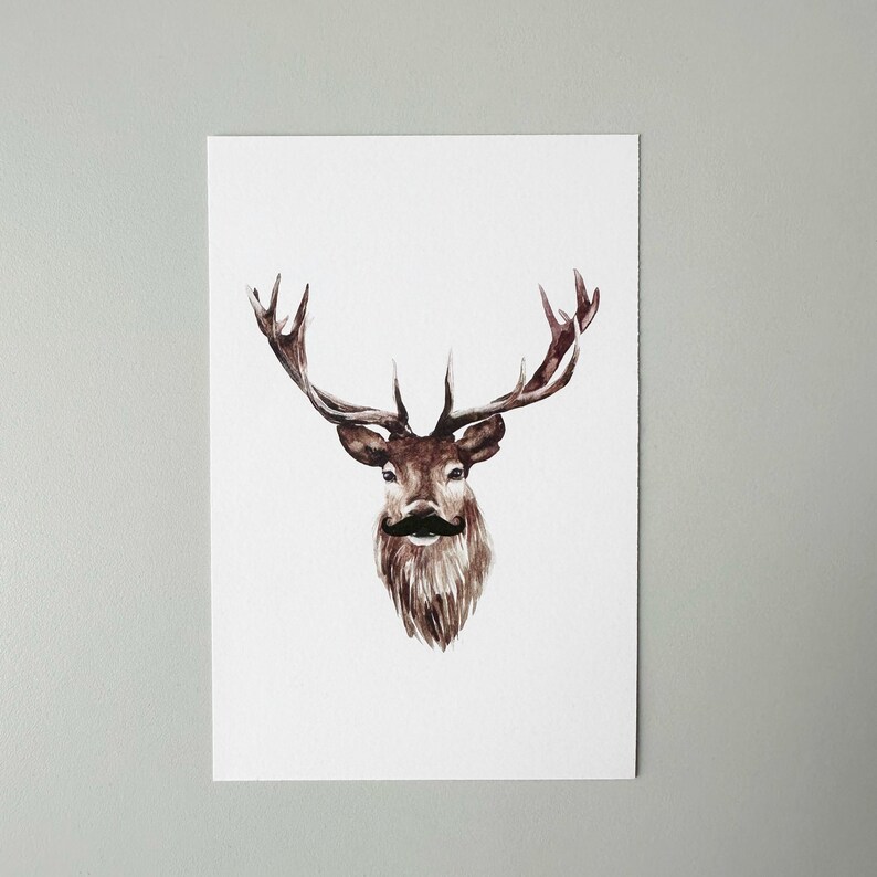 Deer with Moustache Card Print / 6x4/ Funky Postcard / Art Card / Postcard / Christmas Gifts / Wall Art image 2