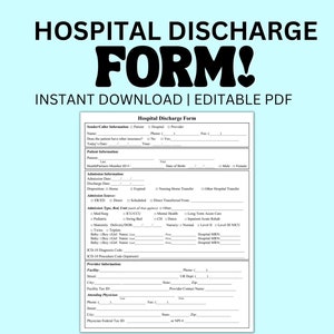 Hospital Discharge Patient Form Editable PDF Template for Medical Offices Doctors Providers, Instant Download Medical Form PDF