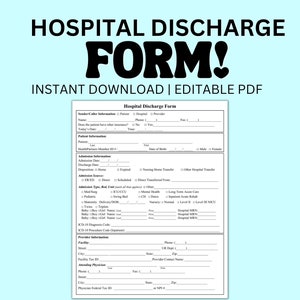 Modello PDF modificabile per modulo di dimissione ospedaliera per studi medici, medici, fornitori, download immediato del modulo medico del paziente in formato PDF