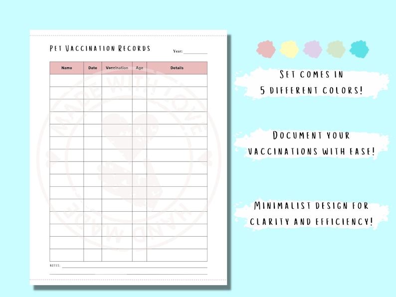 Pet Vaccination Record Litter Log Dog Puppy Cat Chart Printable Instant Download Custom Pet ...