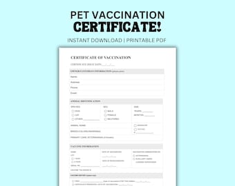 Formulario de registro de certificado de vacunación de mascotas / Plantilla de registro de vacunación de cachorros / Registro de vacunación de perros / Descarga instantánea de PDF de vacunas