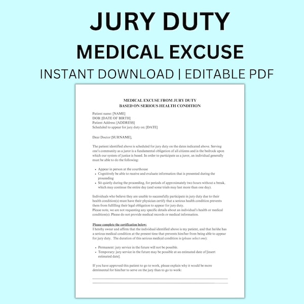 Jury Duty Form Custom Doctor's Medical Excuse Note PDF Template Set of 2, Doctor's Excuse Instant Download Editable PDF Template Jury Duty