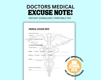 Doctors Excuse Note Template for Work or School | Printable Medical Absence Form | Dental Excuse Note | No Editing Required