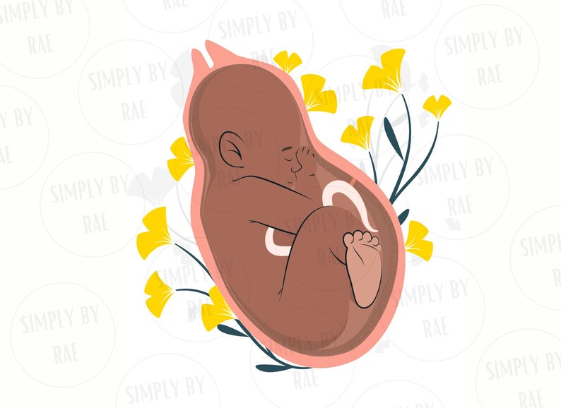 May include: Illustration of a fetus inside the womb, surrounded by yellow flowers and green stems. The fetus is brown with closed eyes, and the womb is outlined in pink. The image has the text "SIMPLY BY RAE" in a circular pattern.
