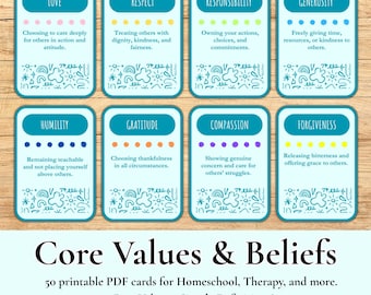 Fichas imprimibles en PDF sobre valores y creencias fundamentales / Preguntas de autodescubrimiento para el crecimiento personal / Hoja de trabajo de autorreflexión / Educación en casa