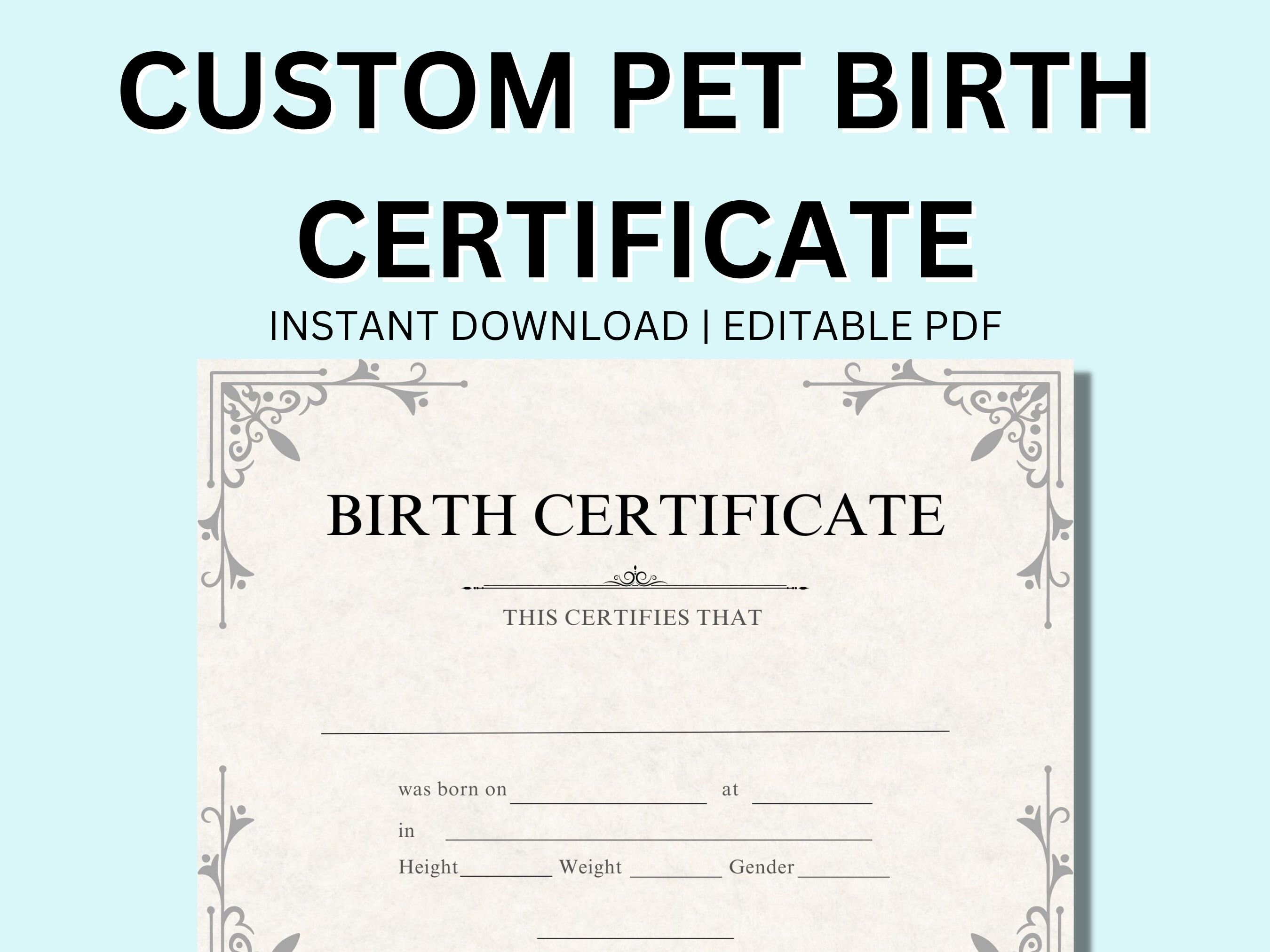 Pet Birth Certificate Form Dog Puppy Cat Chart Digital Instant Download ...