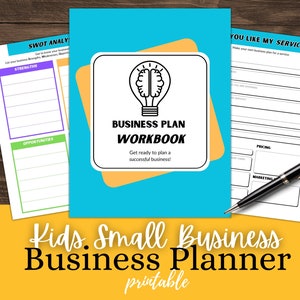 Puede incluir: Un libro de trabajo de plan de negocios imprimible para niños. La portada presenta una bombilla con un cerebro en su interior y el texto "Business Plan Workbook" en negro sobre un fondo amarillo. El fondo es azul.