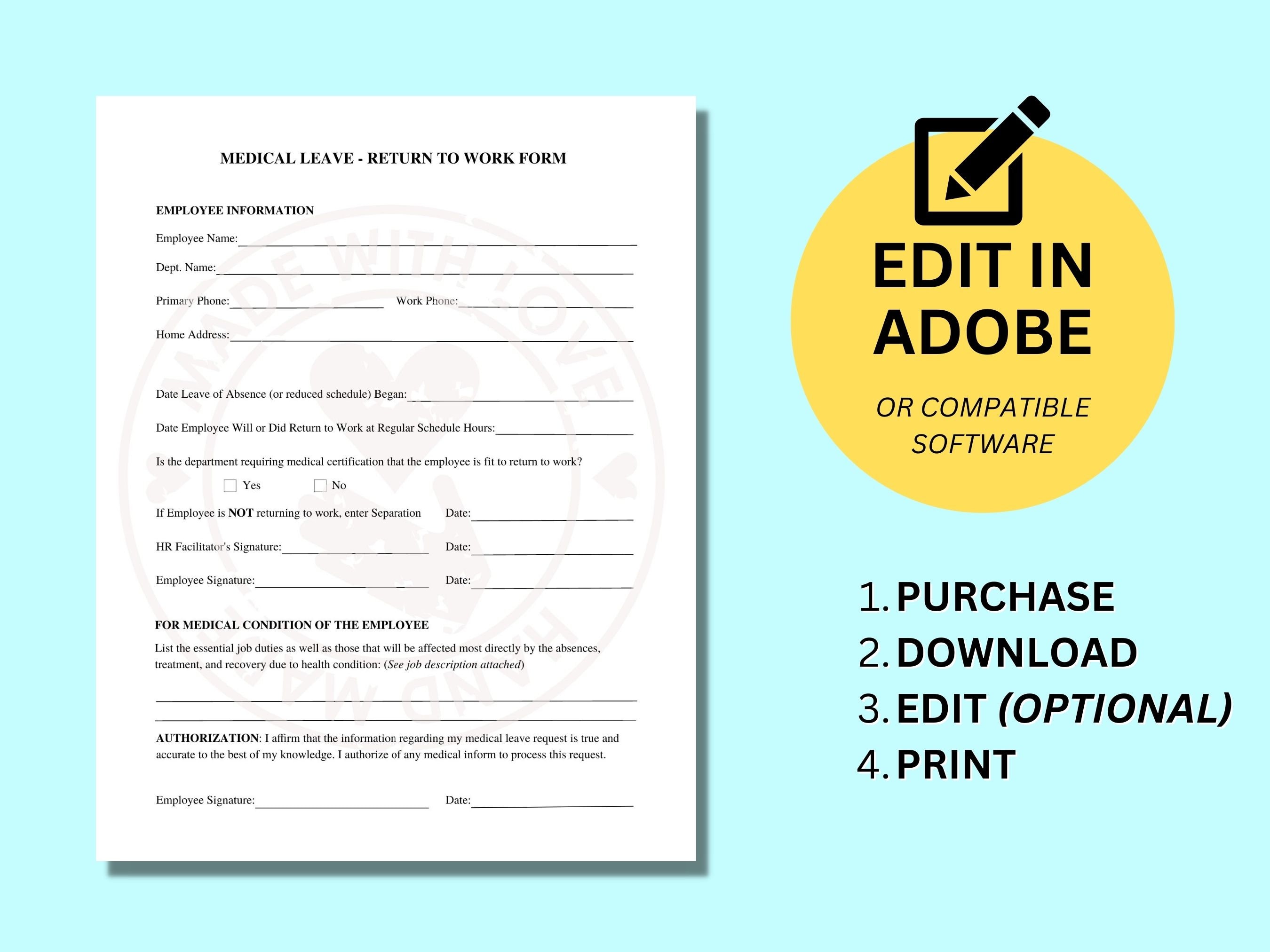 Return to Work Doctor's Absence Leave Excuse PDF Template HR Office ...