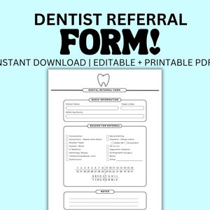 Formulario de derivación de pacientes dentales imprimible / Plantilla de dentista de cirugía oral / Descarga instantánea de PDF editable / Excusa del dentista por muela del juicio