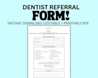Formulario imprimible de derivación de pacientes dentales / Plantilla de dentista de cirugía oral / Descarga instantánea en PDF editable / Excusa del dentista por muela del juicio