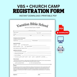 Peut inclure: Formulaire d'inscription PDF imprimable pour l'école biblique de vacances et le camp de l'église. Le formulaire comprend des champs pour le nom de l'enfant, l'adresse et les coordonnées d'urgence. Le formulaire comprend également une section de consentement photo. Le texte "VBS + CHURCH CAMP REGISTRATION FORM" est en haut.