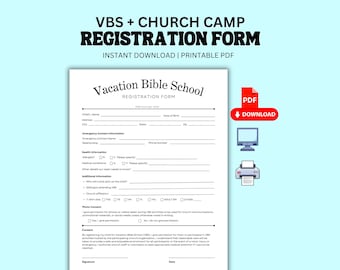 VBS Registration Form for Bible Church Camp | Kids Ministry | Youth Camp | Vacation Bible School Office Records | Sign Up Sheet Allergy Form
