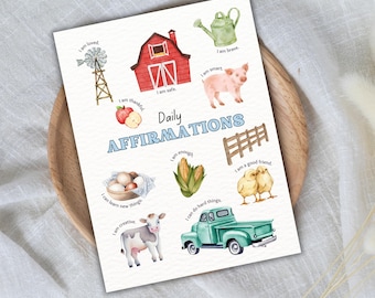 Póster de granja con afirmaciones positivas diarias, decoración de consultorio terapéutico, salud mental, rincón de tranquilidad, psicología escolar, terapia cognitivo conductual, descarga digital