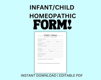 Formulario de admisión de homeopatía para niños y bebés (PDF) Descarga instantánea Formularios PDF personalizados editables para registros médicos y consultorios de terapia