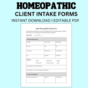 Op de afbeelding: Een zwart-wit printbaar formulier voor de opname van volwassenen in de homeopathie. Het formulier bevat secties voor patiëntinformatie, waaronder naam, adres, geboortedatum en noodcontactgegevens. Het formulier bevat ook een sectie voor de medische geschiedenis van de patiënt en zijn huidige symptomen. Het formulier is getiteld "Adult Homeopathic Intake Form" en is gemarkeerd met "Instant Download | Editable PDF".
