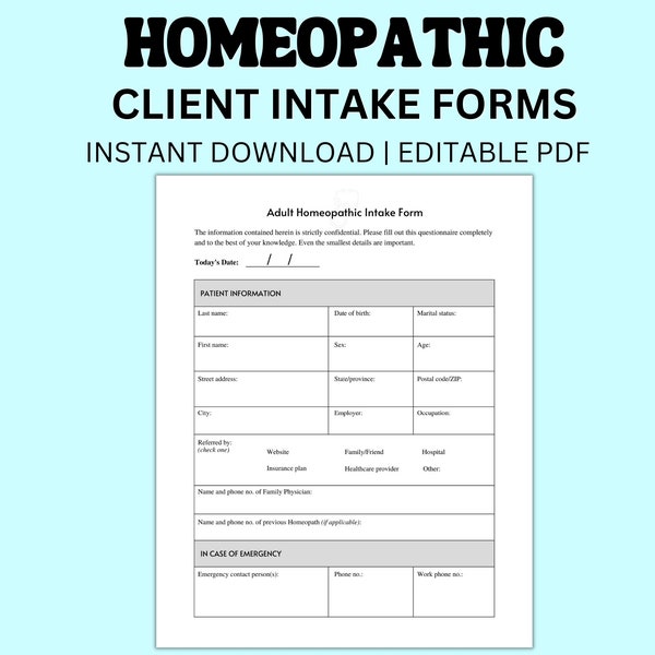 Custom Client Intake Homeopathy Form PDF Template Set of 7 Instant Download Editable PDF Forms for Medical Work Records and Therapy Office