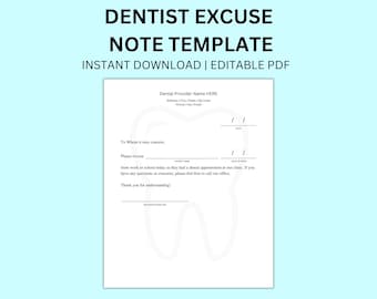 Dentist Note Excuse for School PDF Template Orthodontic Excuse Instant Download Editable PDF Office Template Dental Excuse for Work