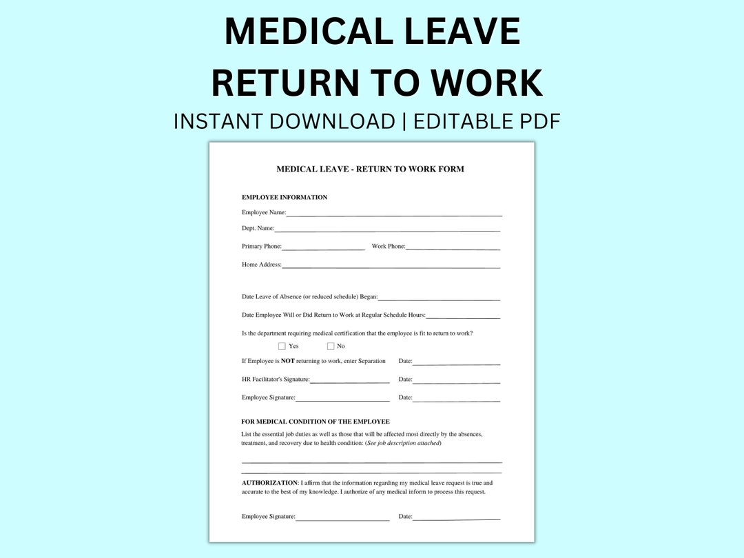 Return to Work Doctor's Absence Leave Excuse PDF Template HR Office ...