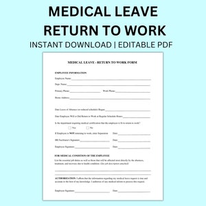 Kehr zur Arbeit Arzt Urlaub Urlaub Entschuldigung PDF Vorlage HR Office Form Sofortiger Download Bearbeitbare PDF Benutzerdefinierte Vorlage Arbeit Schule Form