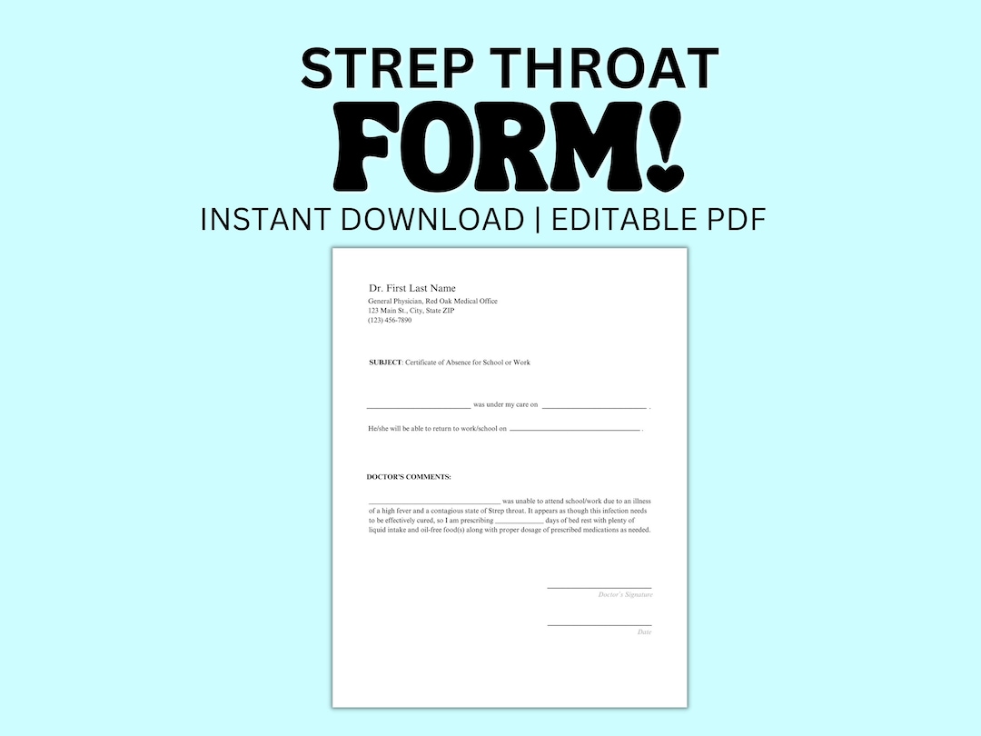 Strep Throat Medical Absence Authorization PDF Template Fake Doctor's