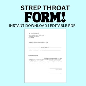 Strep Throat Medical Absence Authorization PDF Template Fake Doctor&#39;s Excuse Note Instant Download Editable Custom PDF for Work or School