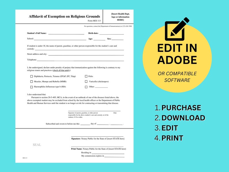 Custom Religious Exemption Affidavit Doctor's Note Excuse PDF Template