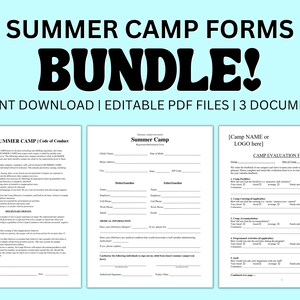 May include: A digital download bundle of three editable PDF forms for summer camp. The forms include a code of conduct, a registration form, and a camp evaluation form.