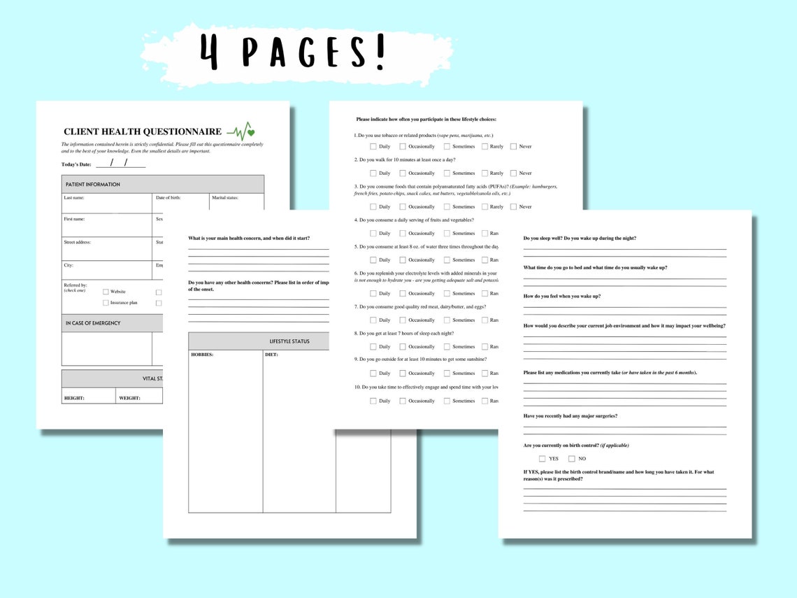 Client Intake Health Form PDF Template Set of 4 Instant Download ...