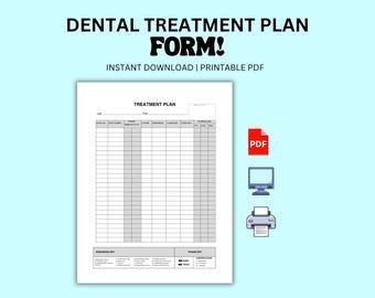 Formulario de plan de tratamiento para pacientes dentales / Plantilla de dentista de cirugía oral / Descarga instantánea en PDF editable / Ortodoncista, periodoncista y endodoncista