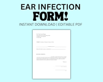 Plantilla PDF de autorización de ausencia médica por infección de oído. Nota médica falsa. Descarga instantánea. PDF personalizado editable para el trabajo o la escuela.