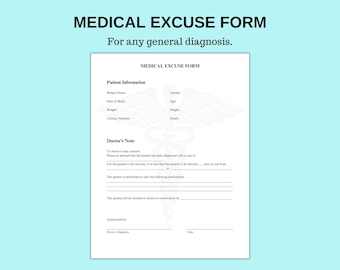 Plantilla imprimible de autorización de ausencia médica. Nota médica falsa. Descarga instantánea. PDF personalizado editable para el trabajo y la escuela.