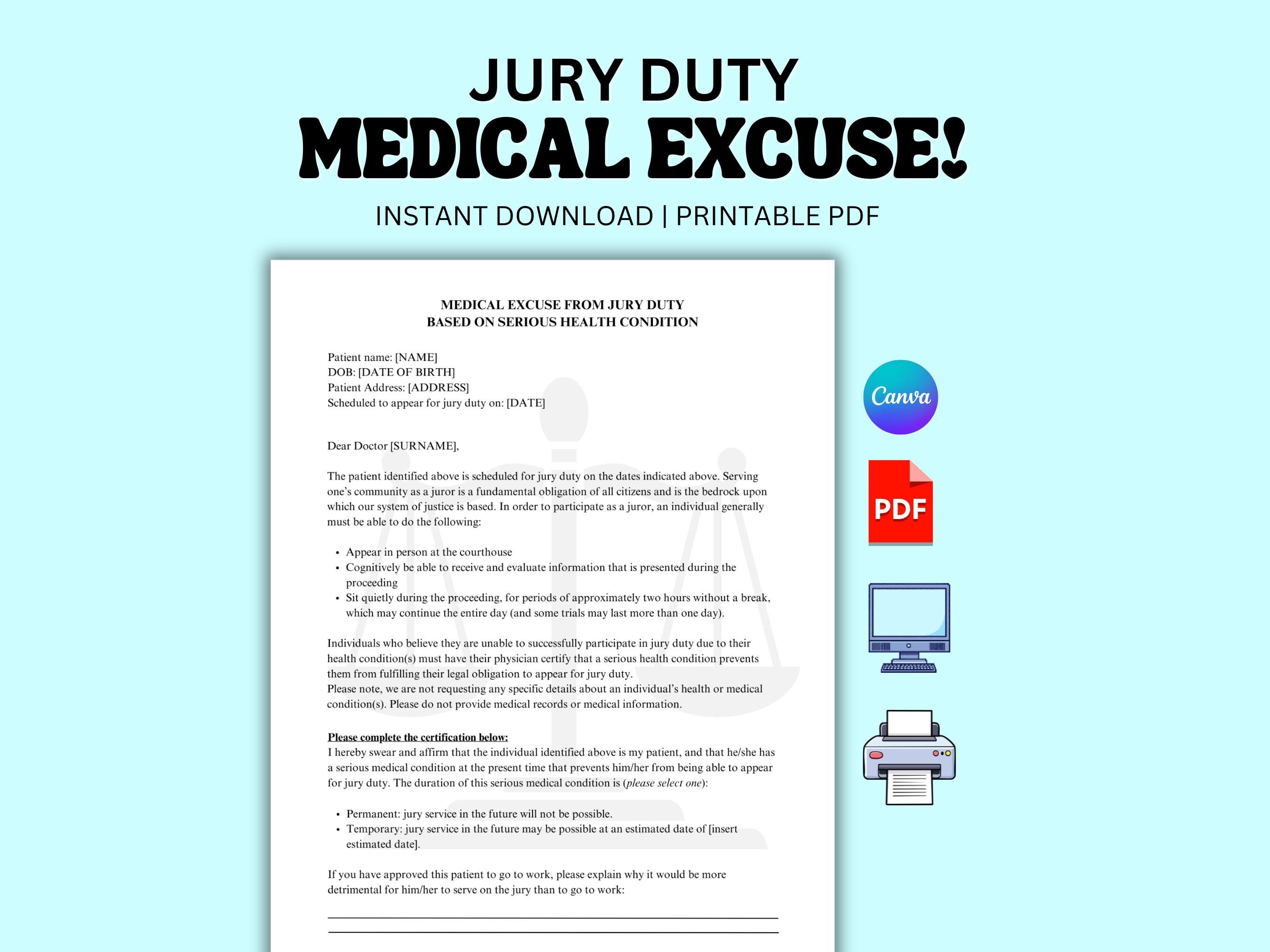 Jury Disqualification Form.pdf Jury Duty Medical Excuse Form: Editable Doctor's Note (PDF Template) - Etsy