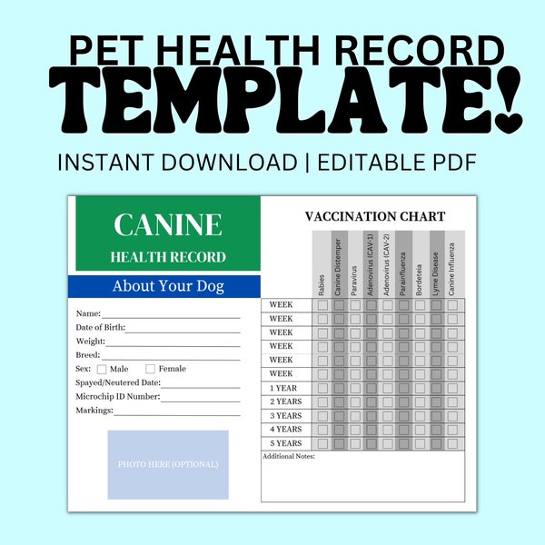 Printable Pet Record Litter Log Dog Puppy Cat Vaccination Chart Digital Instant Download Custom Pet Health Care Veterinary Book
