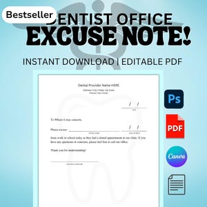 Note de dentiste excuse pour l&#39;école modèle PDF excuse orthodontie téléchargement immédiat modèle de bureau PDF modifiable excuse dentaire pour le travail
