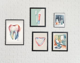 Impresiones de acuarela dental, juego de arte de pared para dentistas, paquete de impresiones artísticas de odontología, pósteres imprimibles de dientes, decoración de consultorio médico, PDF, juego de pósteres de dentistas