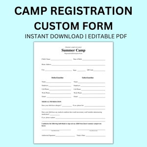 Custom Summer Camp VBS Event Registration Editable Instant Digital Download Form, Medical Registration Child Form for Work School Church