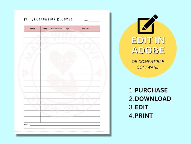 Pet Vaccination Record Litter Log Dog Puppy Cat Chart Printable Instant Download Custom Pet ...