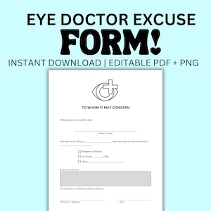 Eye Doctor Excuse Optometry Note for School PDF Template Eye Excuse Instant Download Editable PDF Office Template Vision Excuse for Work