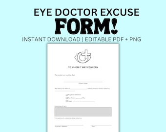 Plantilla PDF de excusa para optometría escolar. Plantilla PDF editable de excusa para la vista. Plantilla de oficina en PDF editable. Plantilla de excusa para la vista en el trabajo.